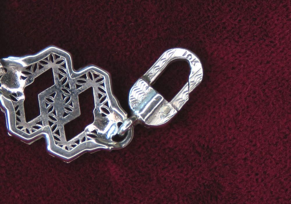 Antique c1915 Art Deco 10K White Gold Diamond Filigree Linked Bracelet 7 3/8"