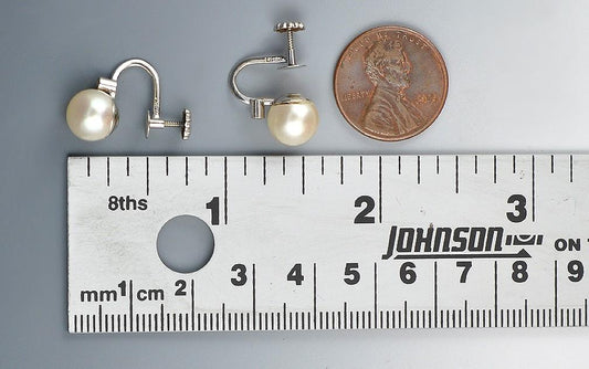 Splendid 14K White Gold Pearl and Diamond Screw Back Earrings Vintage 1950s-60s