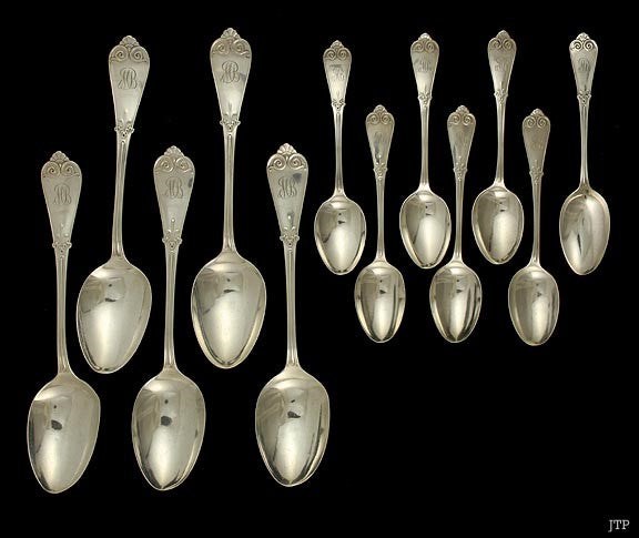 12 Antique Tiffany & Co Sterling Silver 5 Serving Spoons 7 Teaspoons Set