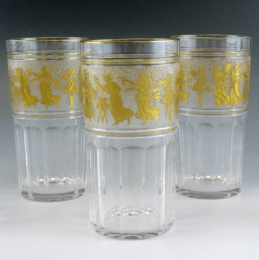 7 Val St Lambert Danse de Flore Gold Crystal Juice/Water Tall Tumbler Glasses