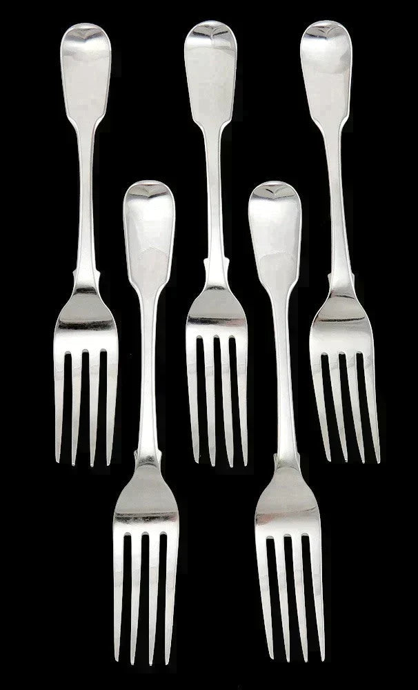 5 Antique 1819 English Sterling Silver Fiddle Dog Crest Dinner Forks 8 1/8”