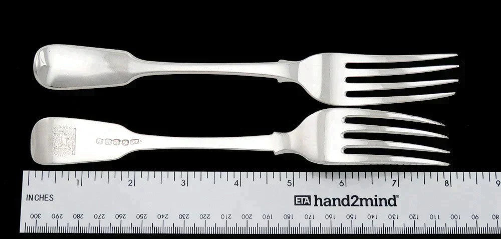 5 Antique 1819 English Sterling Silver Fiddle Dog Crest Dinner Forks 8 1/8”
