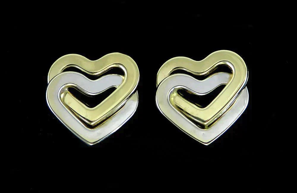 Modern Italian 14K Yellow & White Gold Double Heart Love Earrings Omega Backs