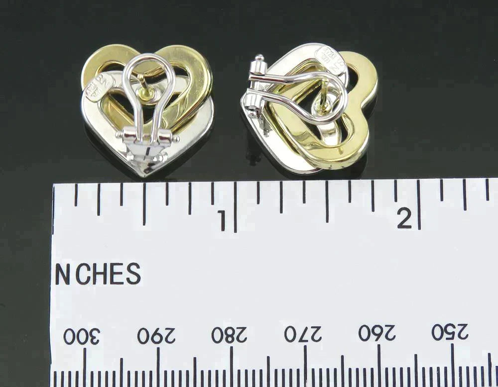 Modern Italian 14K Yellow & White Gold Double Heart Love Earrings Omega Backs