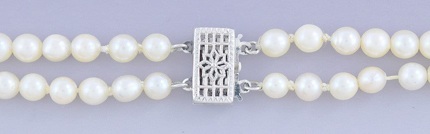 Classy Double Strand Graduated Pearl Necklace w/ 14k White Gold Filigree Clasp