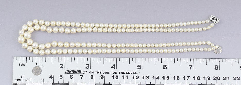 Classy Double Strand Graduated Pearl Necklace w/ 14k White Gold Filigree Clasp