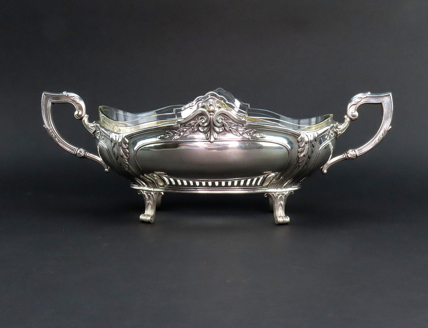 Impressive Antique German 800 Silver Glass Lined Double Handle Centerpiece Bowl
