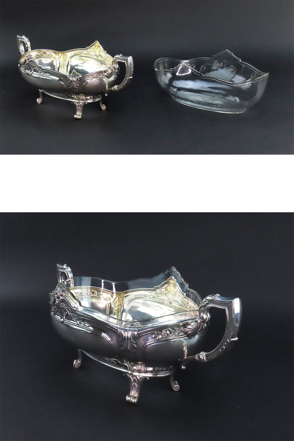 Impressive Antique German 800 Silver Glass Lined Double Handle Centerpiece Bowl