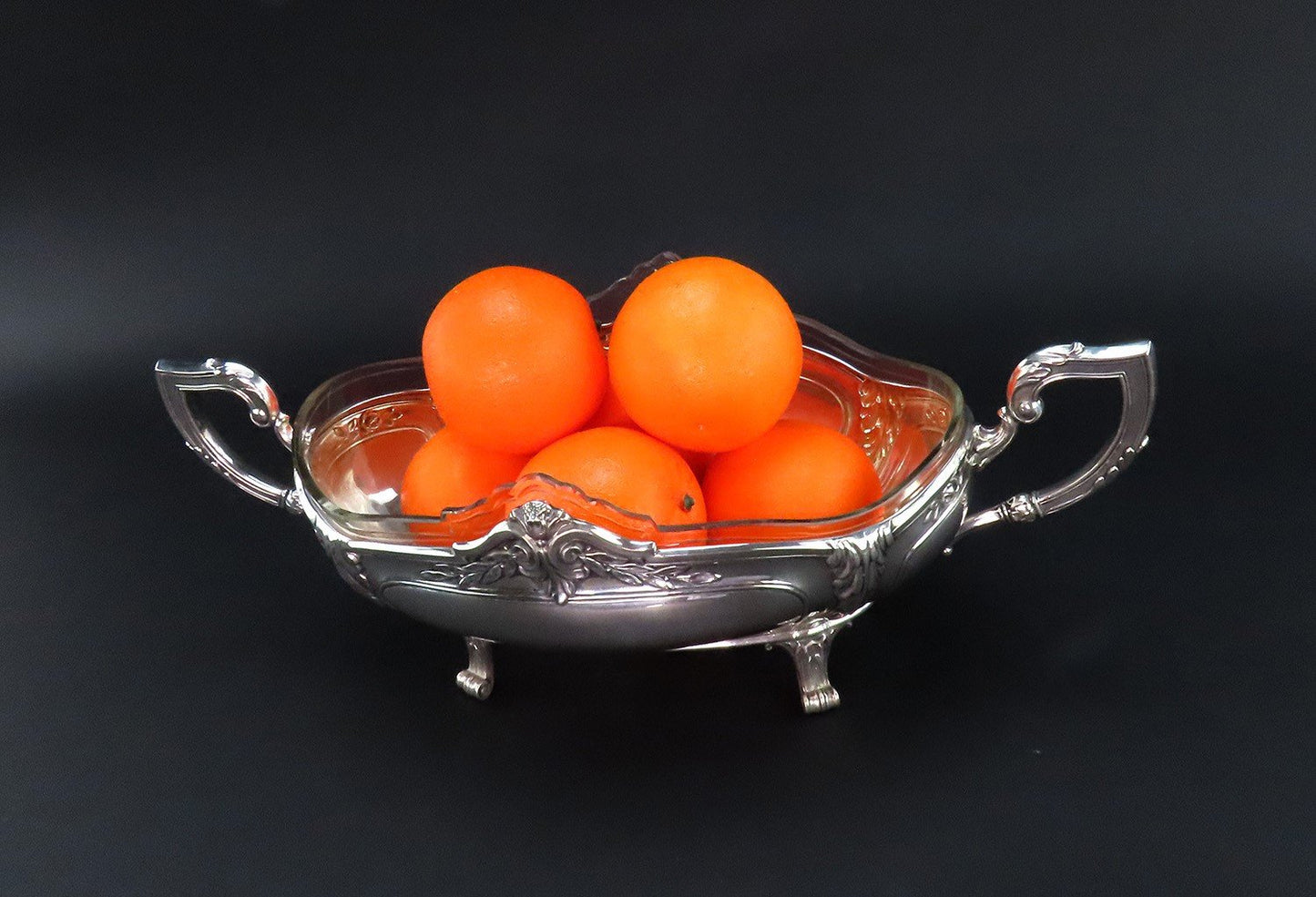 Impressive Antique German 800 Silver Glass Lined Double Handle Centerpiece Bowl