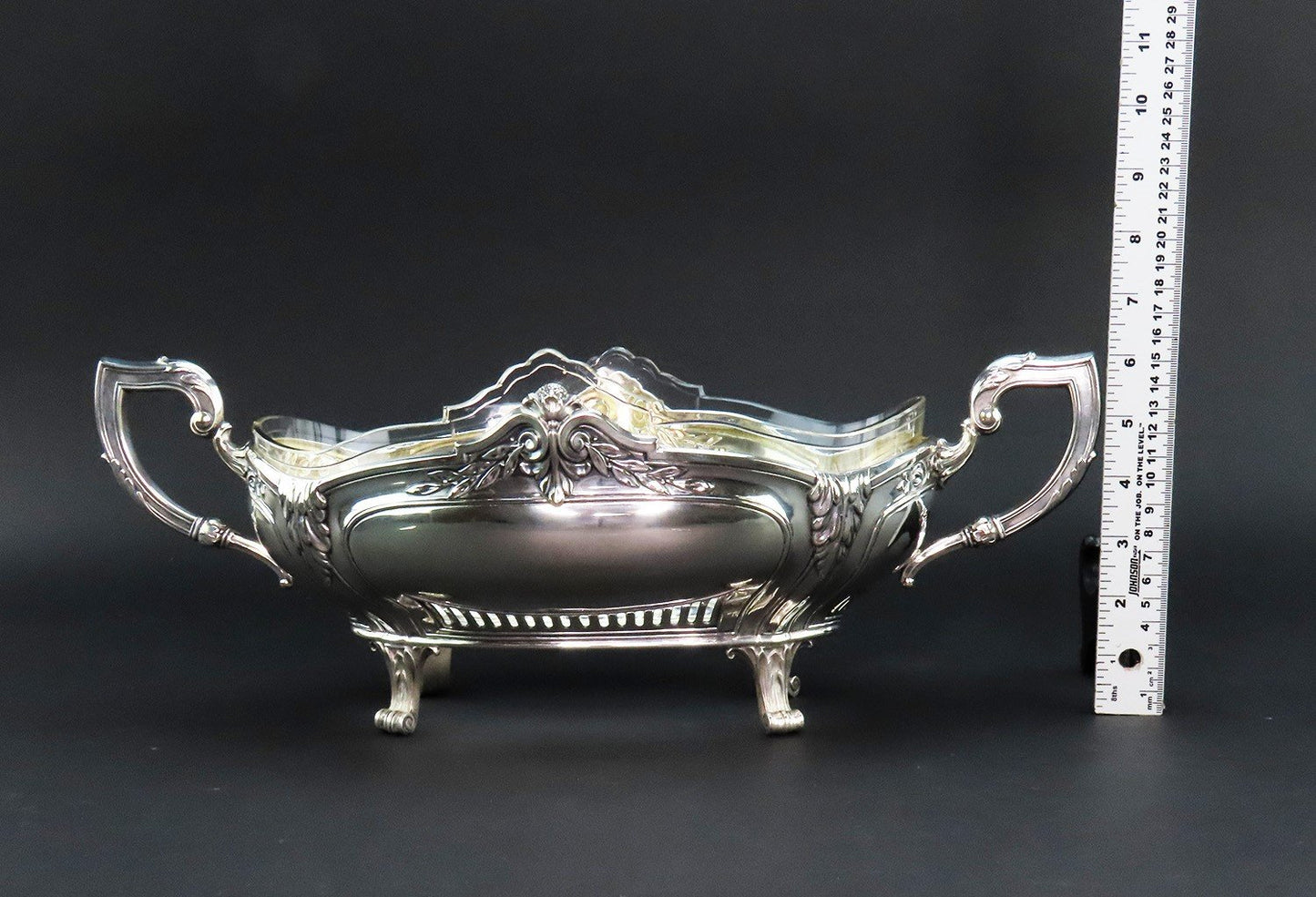 Impressive Antique German 800 Silver Glass Lined Double Handle Centerpiece Bowl
