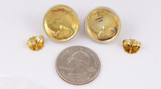 Pair of Vintage Gilded Sterling Silver and Amber Stone Round Pierced Earrings