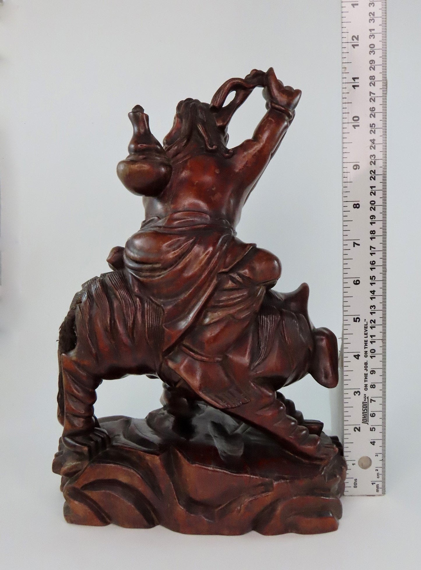 Rare 20th C Chinese Wood Carved Statue Daoist Immortal Liu Haichan w Fu Lion