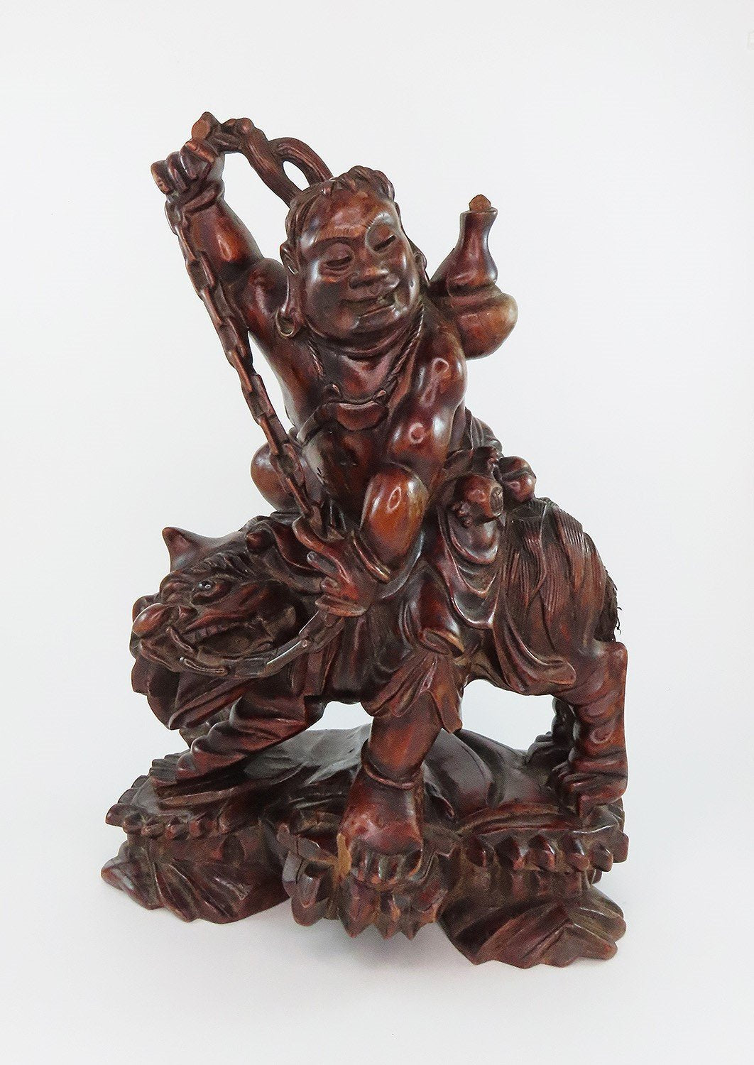 Rare 20th C Chinese Wood Carved Statue Daoist Immortal Liu Haichan w Fu Lion