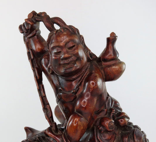 Rare 20th C Chinese Wood Carved Statue Daoist Immortal Liu Haichan w Fu Lion