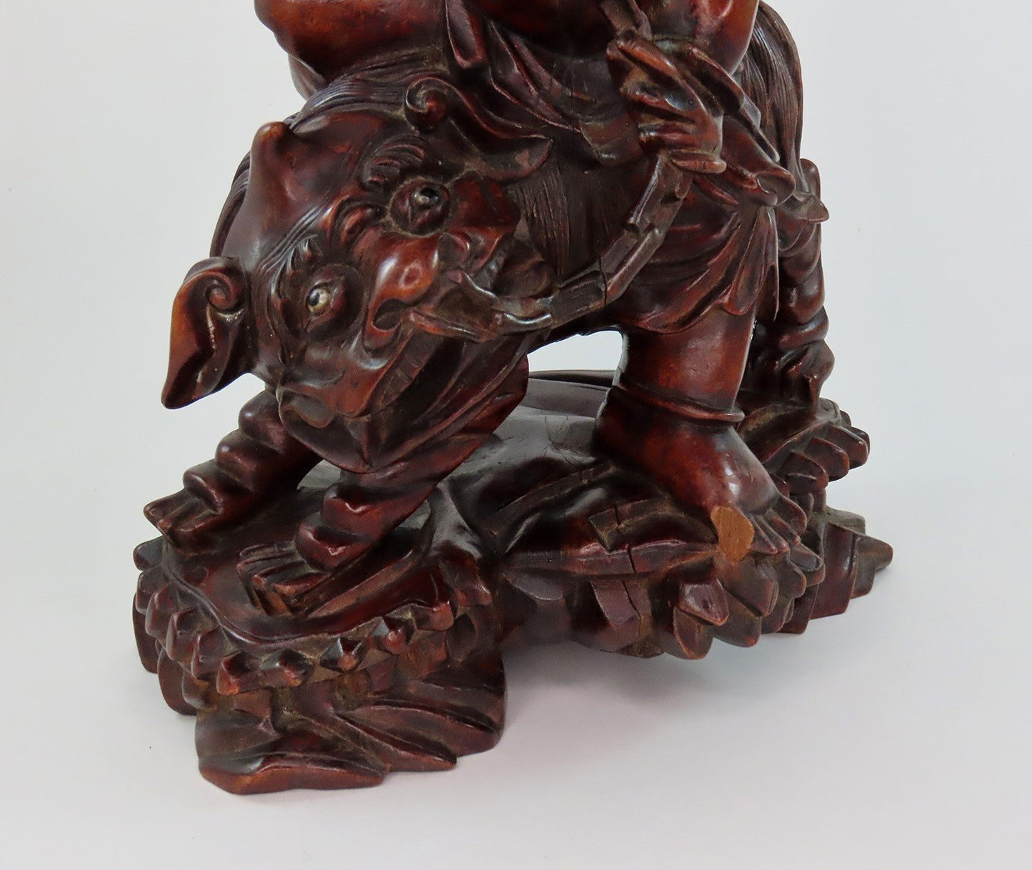 Rare 20th C Chinese Wood Carved Statue Daoist Immortal Liu Haichan w Fu Lion