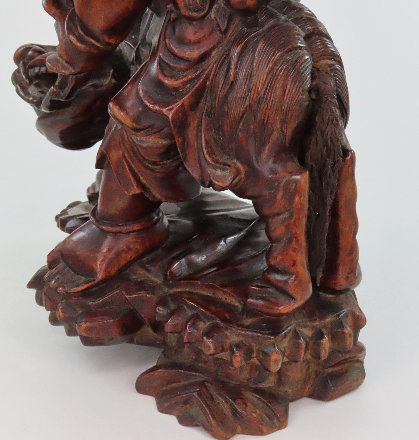 Rare 20th C Chinese Wood Carved Statue Daoist Immortal Liu Haichan w Fu Lion