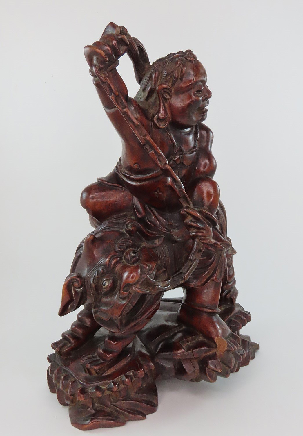 Rare 20th C Chinese Wood Carved Statue Daoist Immortal Liu Haichan w Fu Lion