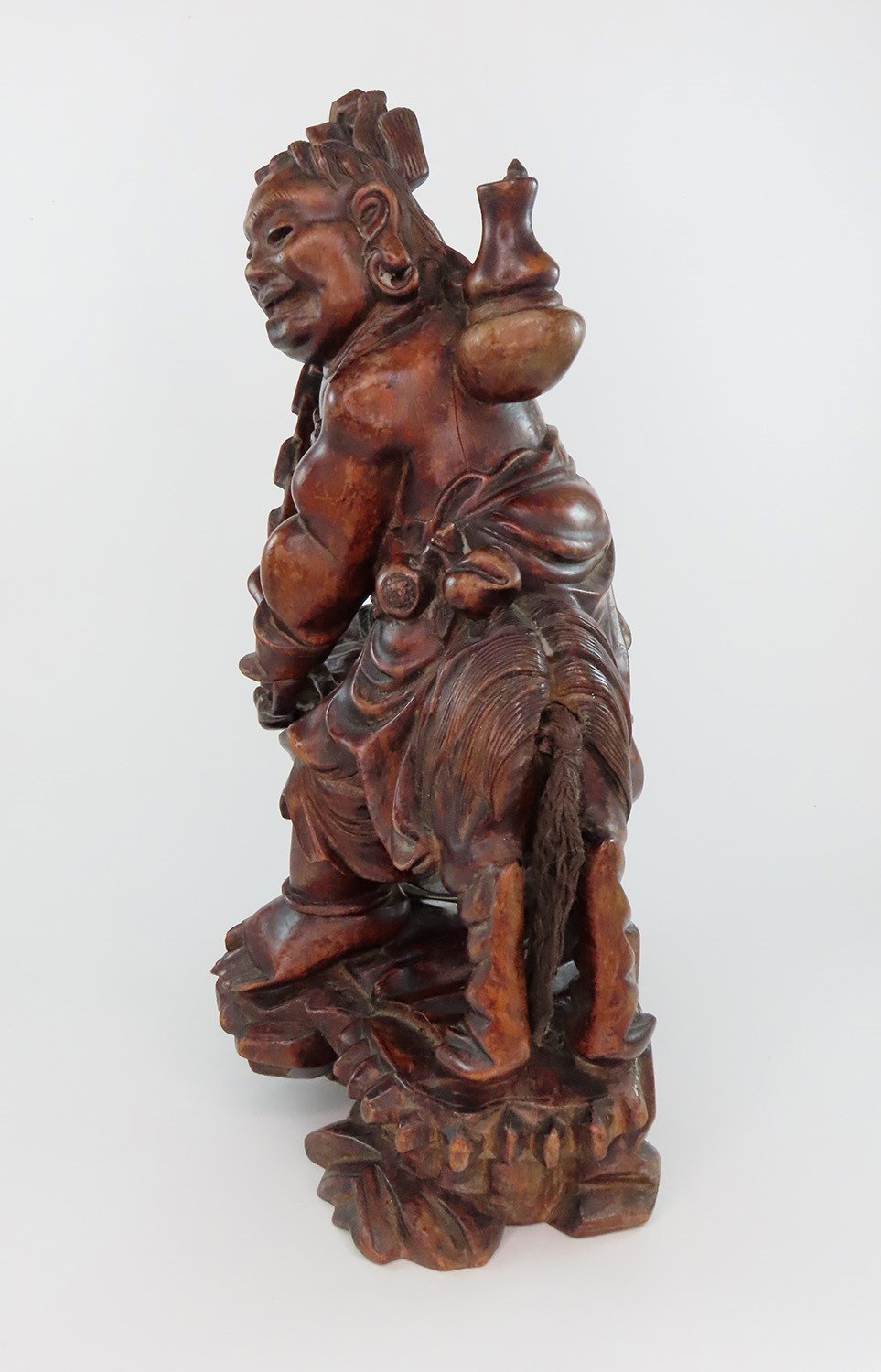 Rare 20th C Chinese Wood Carved Statue Daoist Immortal Liu Haichan w Fu Lion