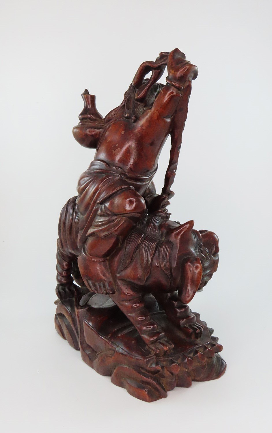 Rare 20th C Chinese Wood Carved Statue Daoist Immortal Liu Haichan w Fu Lion
