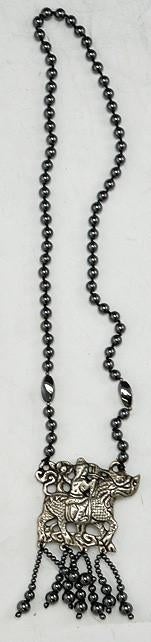Long Genuine Hematite Beaded Necklace w/Silver Plated Pendant and Tassel
