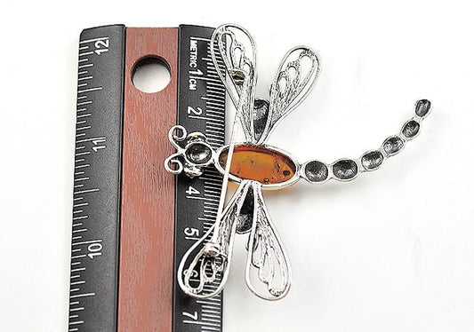 Stunning Sterling Silver and Bezel Set Amber Dragonfly Damselfly Pin Brooch