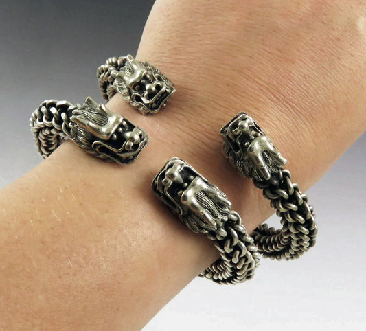 Neat Pair VTG Double Dragon Asian Torc Cuff Adjustable Bracelets