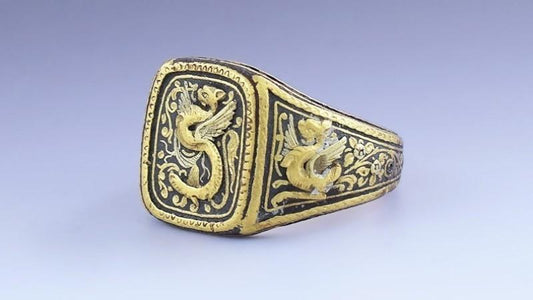Superb 1800s Spain Toledo Damascene Gold Inlay Mixed Metal Dragon Griffin Ring