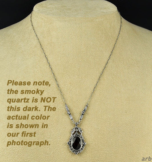 Vintage Brown Smoky Quartz Marcasite Pendant and Chain Ornate Setting 935 Silver