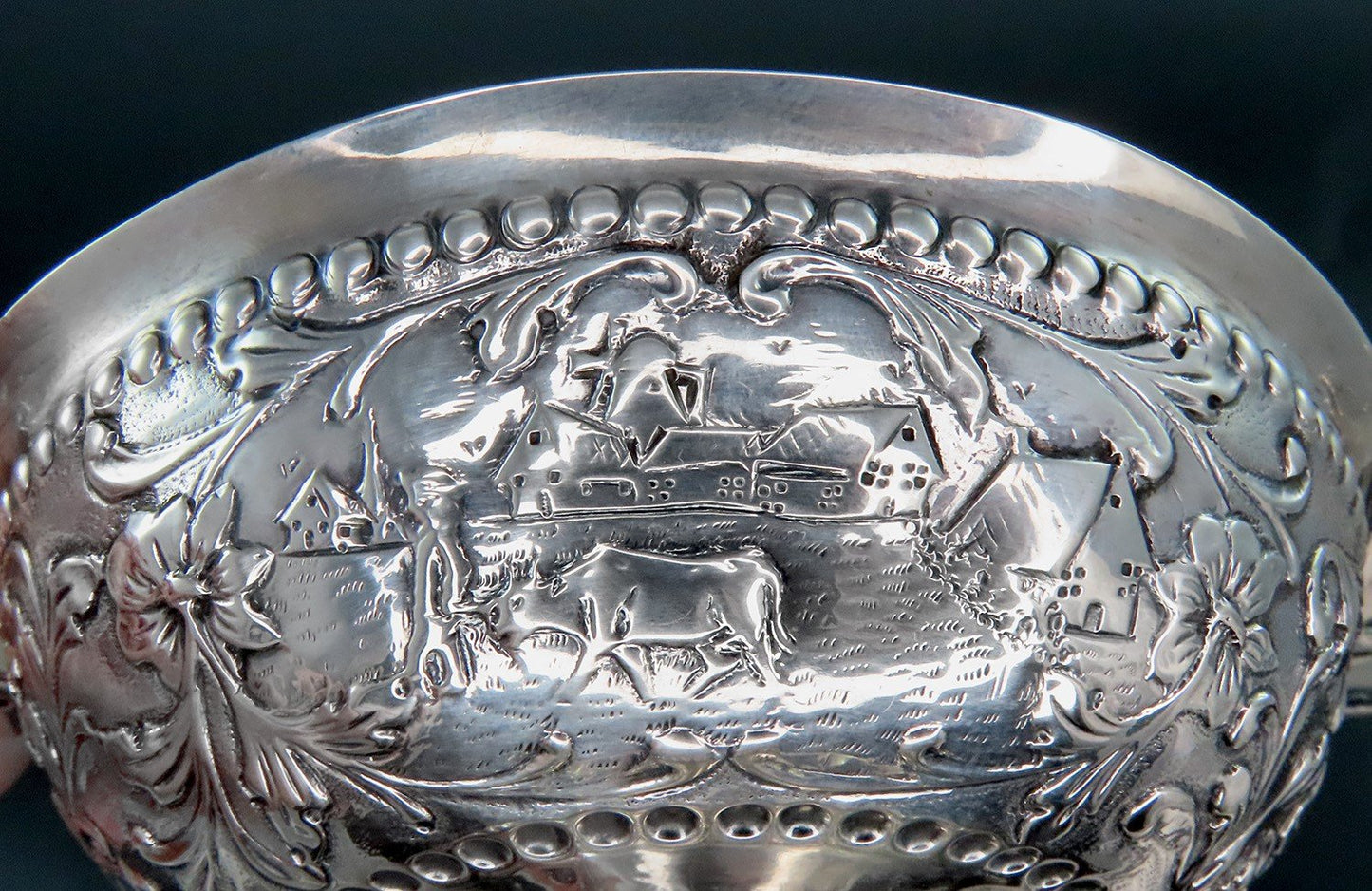 1902 Small Dutch Silver Footed Bowl Genre Scenes w/ Fancy Decorations