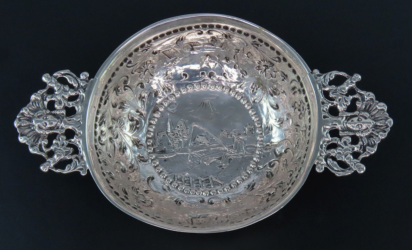 1902 Small Dutch Silver Footed Bowl Genre Scenes w/ Fancy Decorations