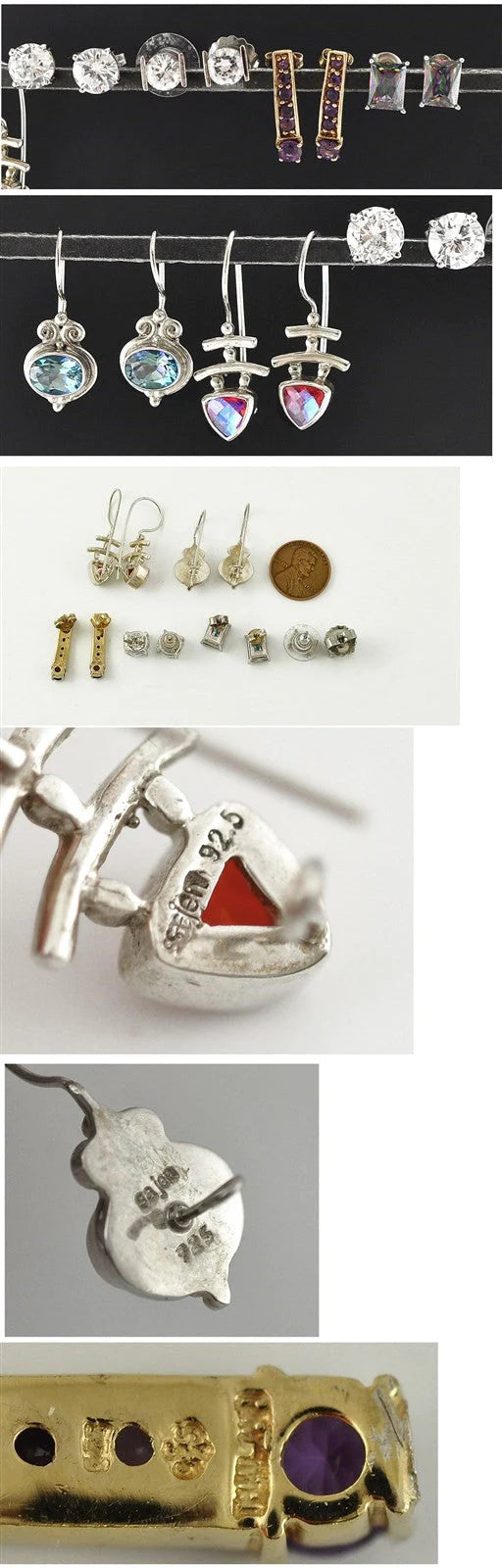 6 Pairs Sterling Silver Earrings Amethyst, Blue Topaz, Synthetic Stones Pierced