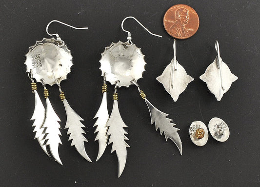 3 Pairs Mexican Sterling Silver Earrings MOP Shell Stone Feather Handmade