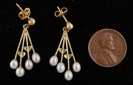 Beautiful Pair of 14K Yellow Gold Genuine Pearl Dangle Earrings for Pierced Ears