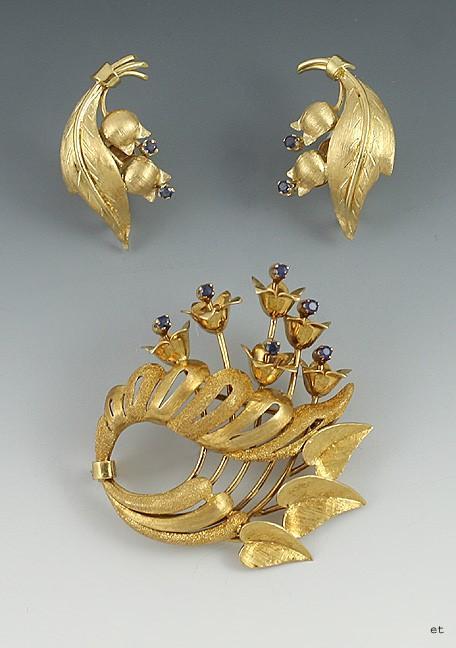 Italian 18K Yellow Gold & Sapphire Pin and Earrings Set