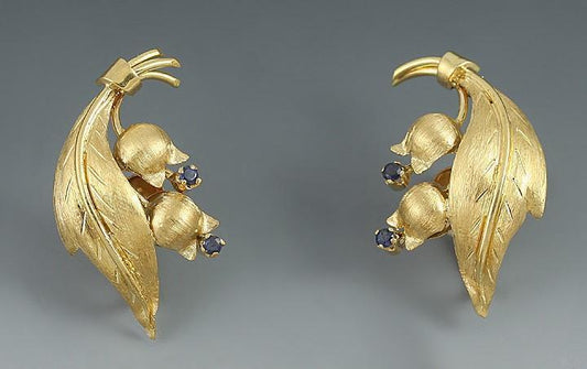Italian 18K Yellow Gold & Sapphire Pin and Earrings Set