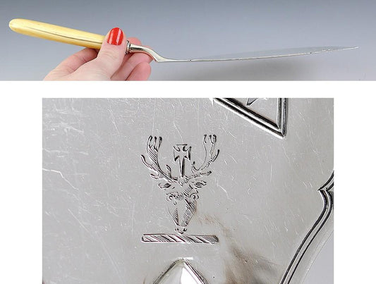 Fine English Sterling Silver Elk Crest Fish Server 1802 with Hand Carved Handle