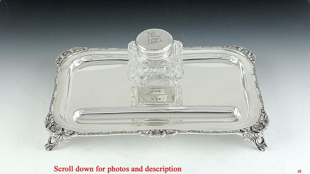Fine 1912 English Sterling & Cut Glass Acanthus Leaf Inkwell Stand