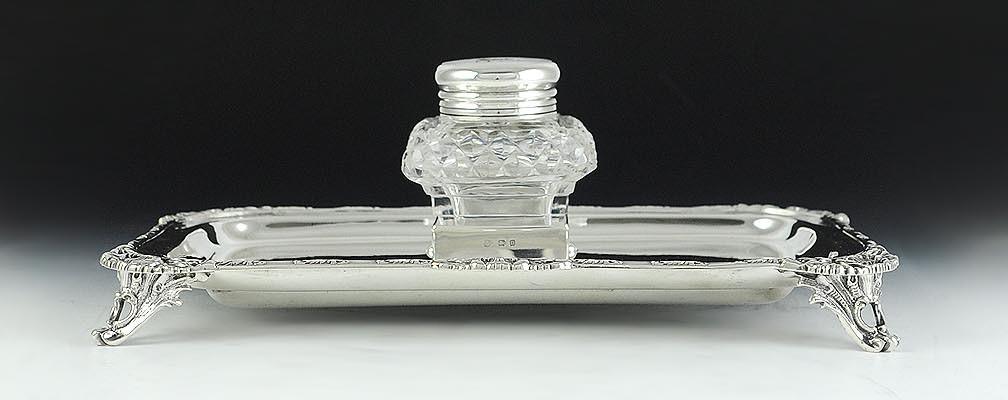 Fine 1912 English Sterling & Cut Glass Acanthus Leaf Inkwell Stand