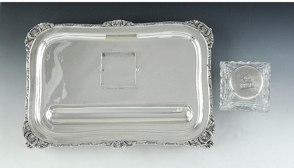 Fine 1912 English Sterling & Cut Glass Acanthus Leaf Inkwell Stand