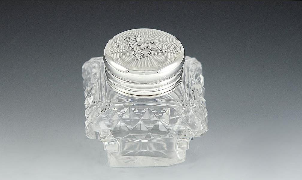 Fine 1912 English Sterling & Cut Glass Acanthus Leaf Inkwell Stand