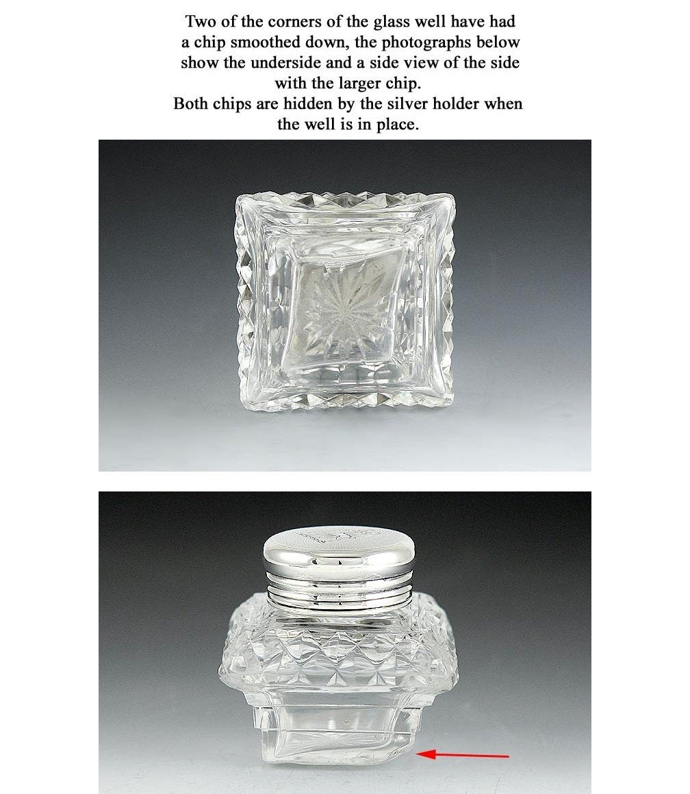 Fine 1912 English Sterling & Cut Glass Acanthus Leaf Inkwell Stand