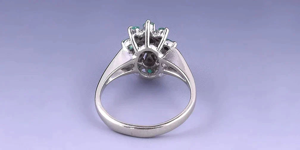 Modern American 14k White gold, Diamond, and Clustered Emerald Ring, Sz 4.25