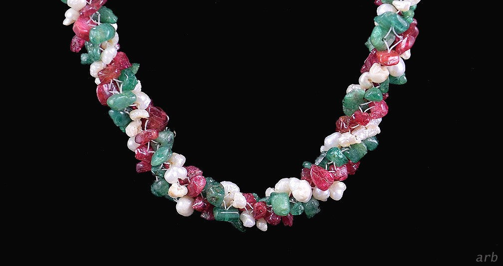 Lovely 1920s/30s Twisted Emerald/Ruby/Pearl Gemstone Necklace, Likely of India