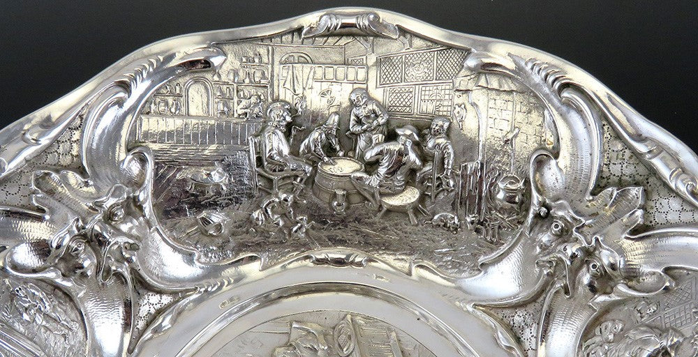 Antique 1917 Dutch Silver Colonial Style Hand Chased Centerpiece Cabinet Bowl