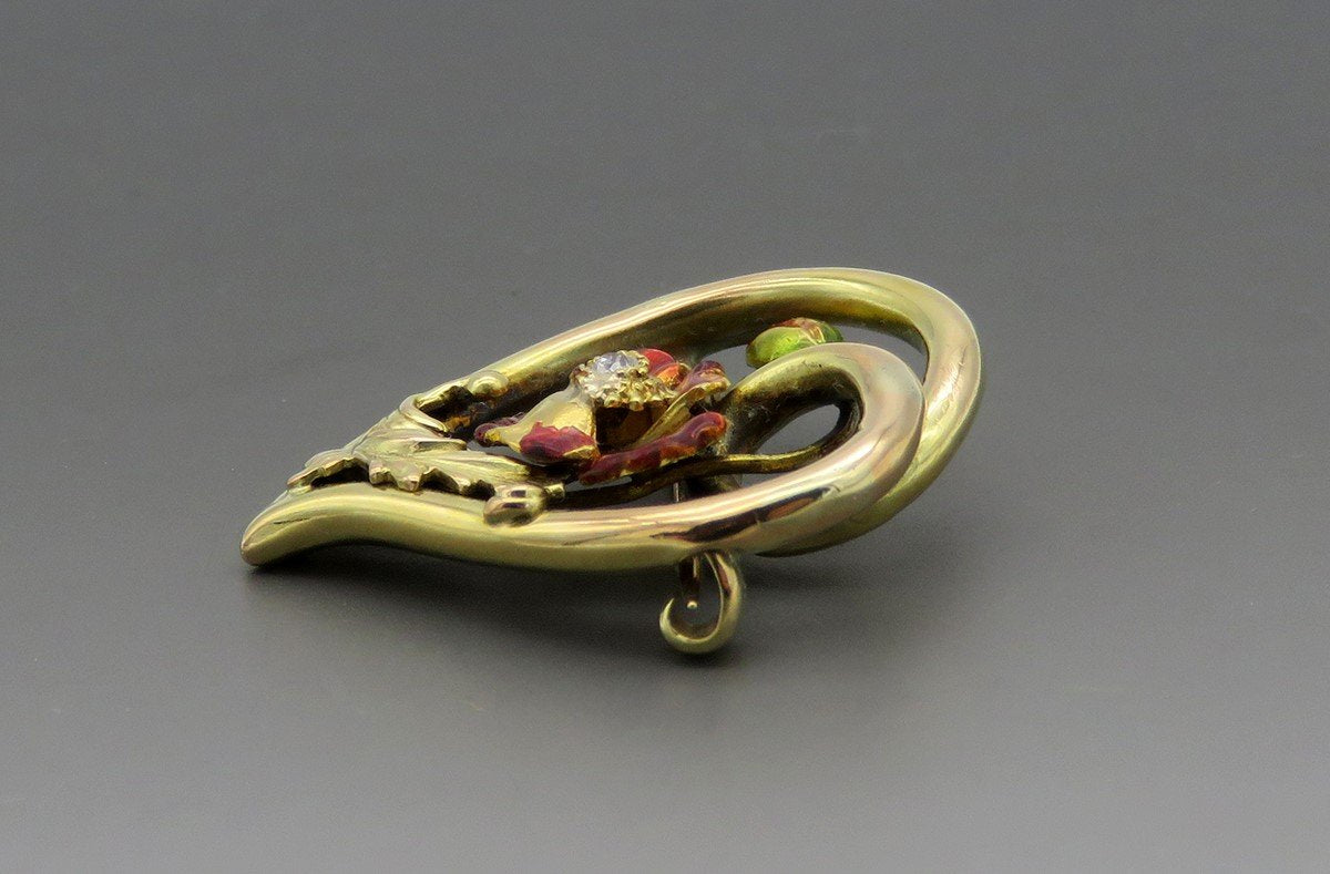 Antique c1890s 14K Yellow Gold Diamond Red Enamel Flower Heart Pin Brooch