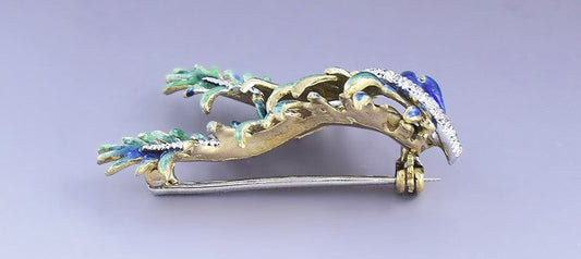 Vibrant 18k Gold Blue & Green Enamel Diamond Leaf Pin / Brooch