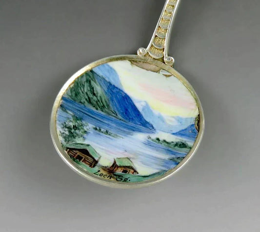 Vintage Silver Enamel Fjord Lion Shield Lake Loen Norway Souvenir Spoon Andersen
