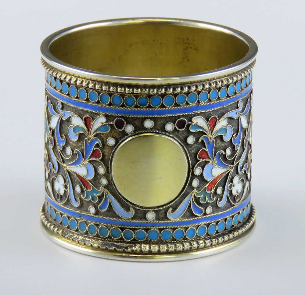 Ornate Antique 1892 Russian Gilded Silver Cloisonné Enamel Napkin Ring