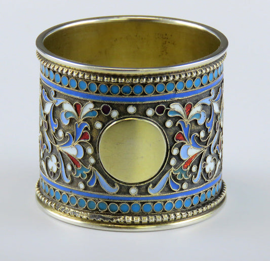 Ornate Antique 1892 Russian Gilded Silver Cloisonné Enamel Napkin Ring