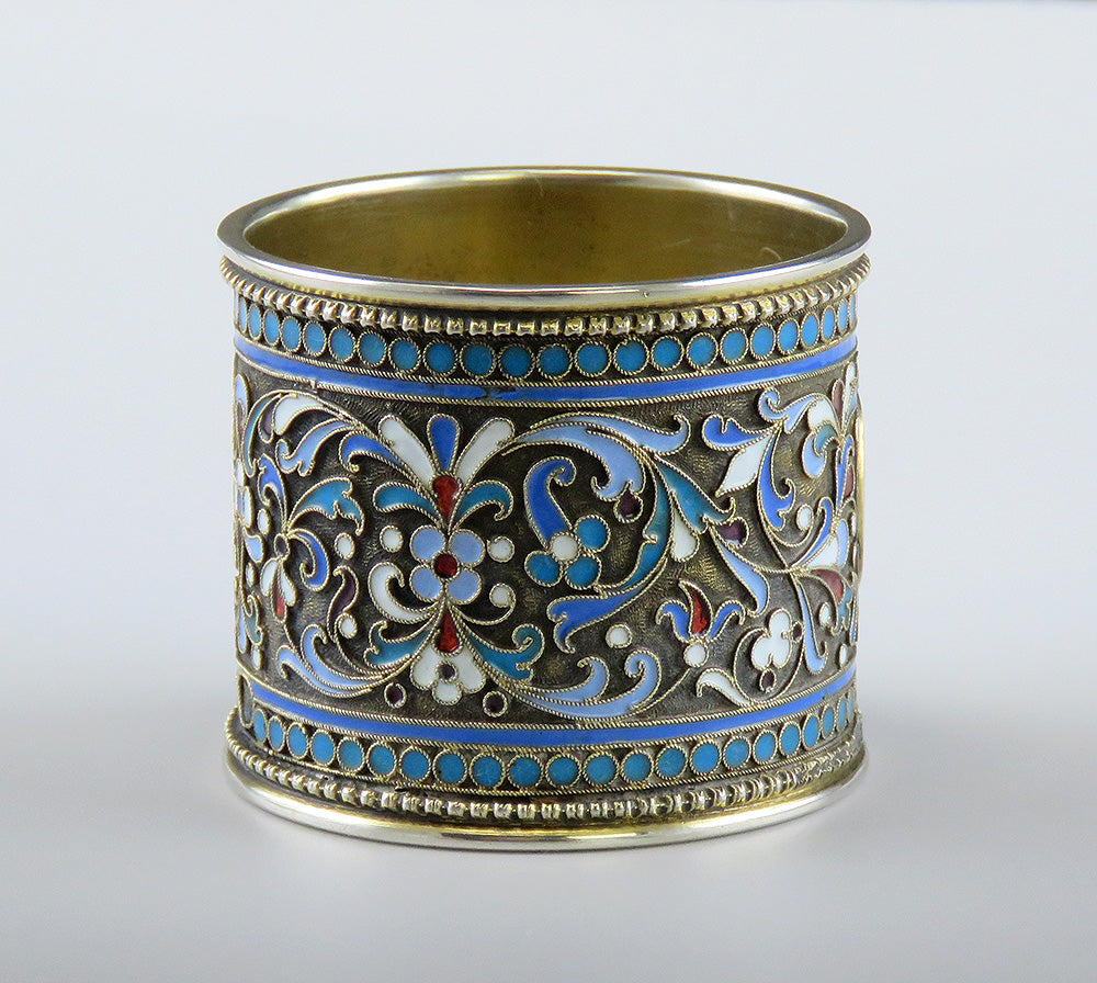 Ornate Antique 1892 Russian Gilded Silver Cloisonné Enamel Napkin Ring